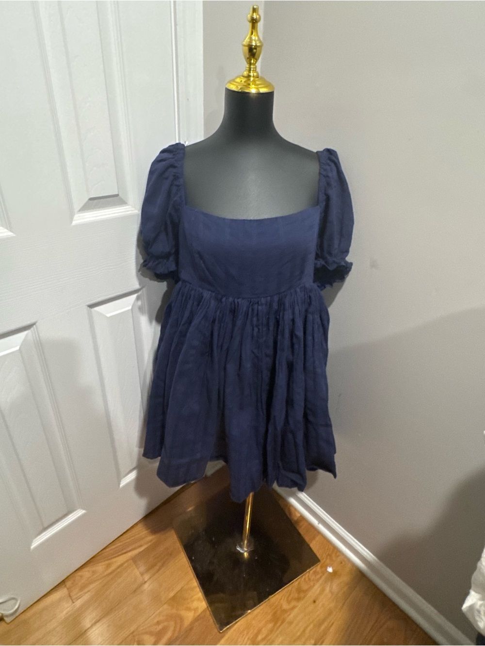 Lulus A Day In Paris Navy Blue Puff Sleeve Babydoll Dress L Cottagecore Cotton